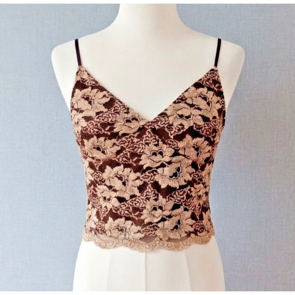 Express Vintage Y2K Lace Tank Top XS Brown Cream Floral Cami Elena Caroline Goth
